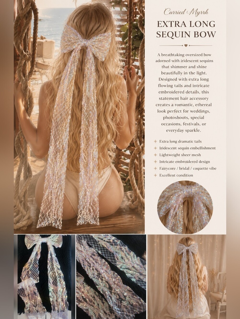 Curried Myrrh Extra Long Iridescent Sequin Bow